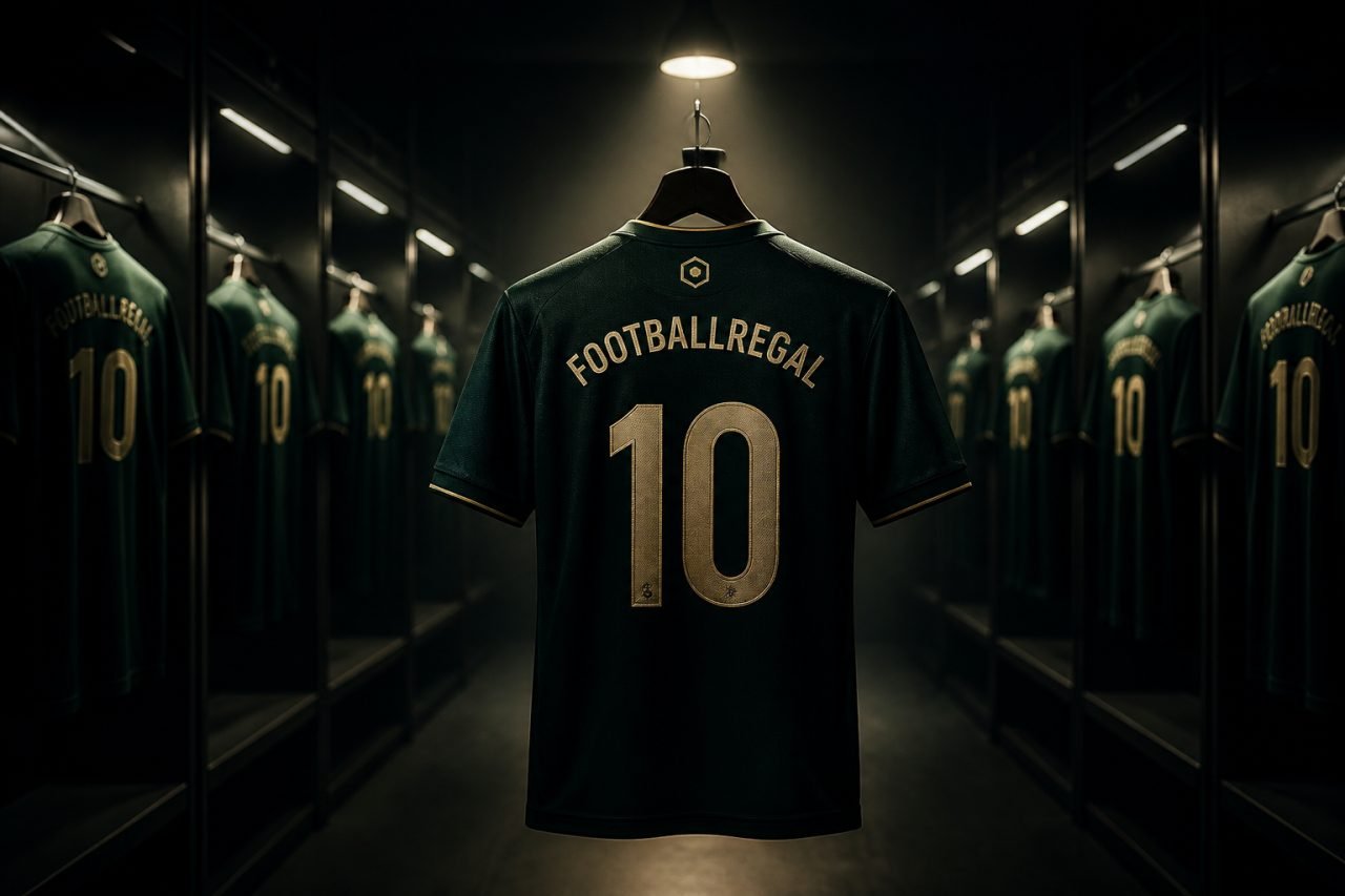 FootballRegal jersey number 10 hanging in a dark locker room tunnel