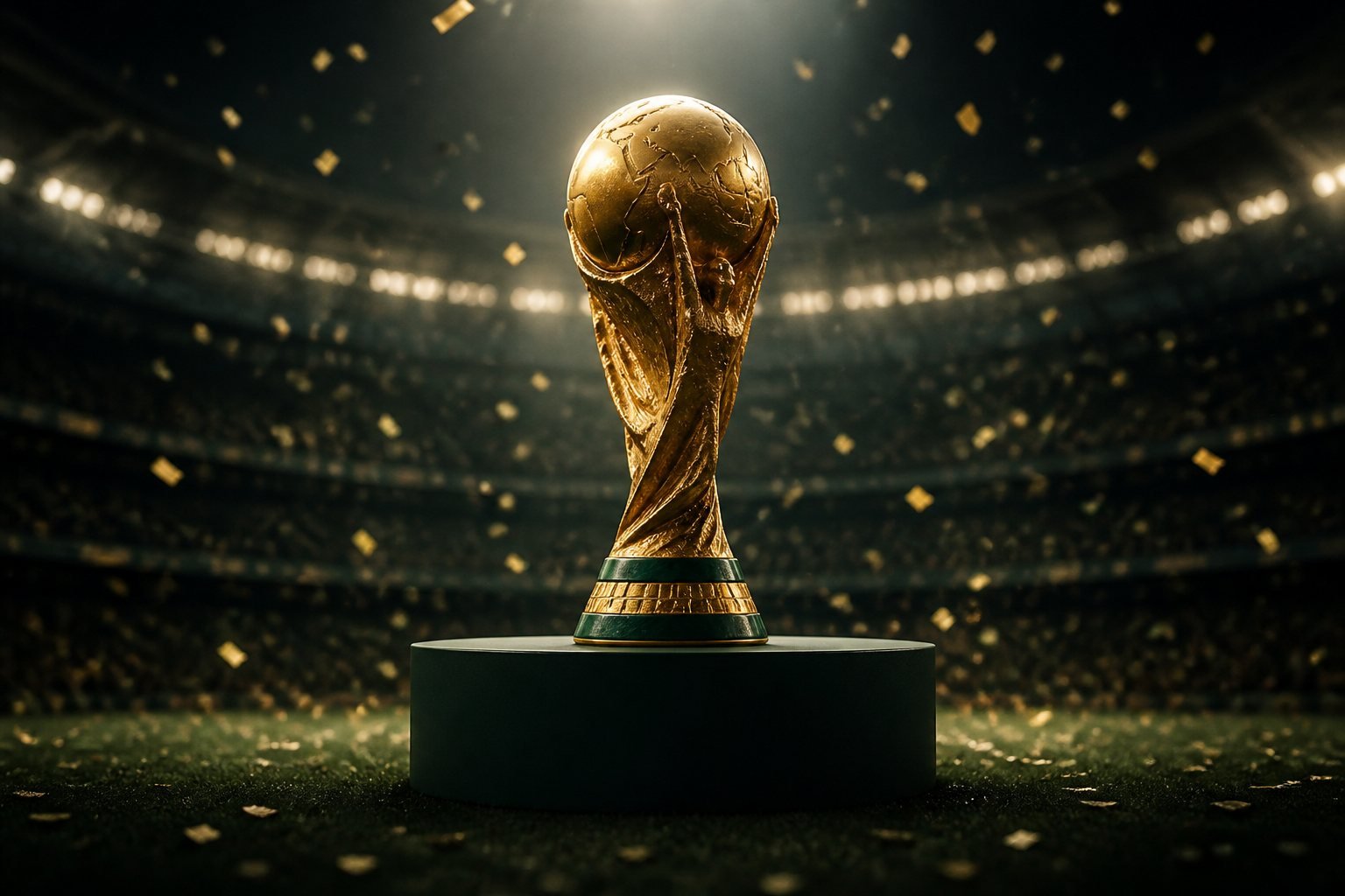 2026 World Cup collection trophy in a football stadium